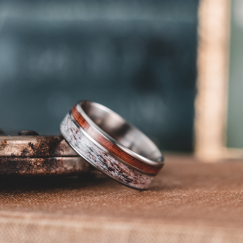 The Mid-Century Cowboy | Men's Titanium Wedding Band with Elk Antler & Teak Wood