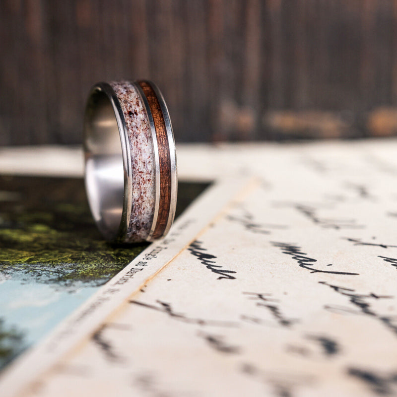 The Mid-Century Cowboy | Men's Titanium Wedding Band with Elk Antler & Teak Wood