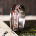 The Mid-Century Cowboy | Men's Titanium Wedding Band with Elk Antler & Teak Wood