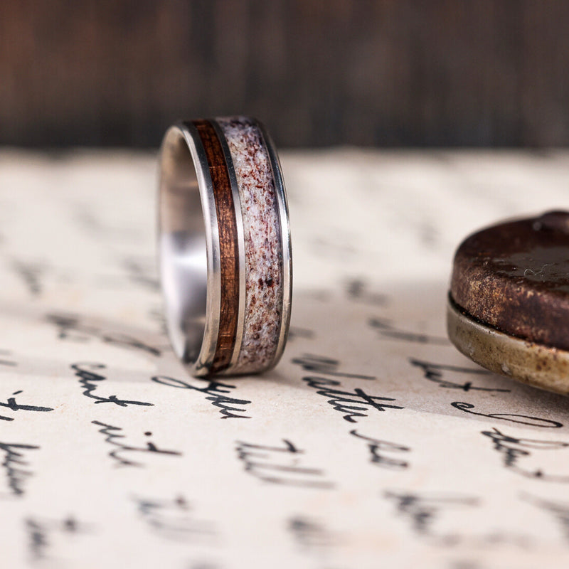 The Mid-Century Cowboy | Men's Titanium Wedding Band with Elk Antler & Teak Wood