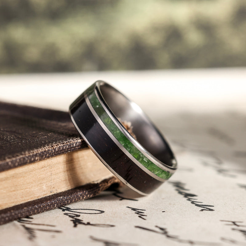 The Sage | Men's Titanium Wedding Band with Rosewood & Green Imperial Diopside