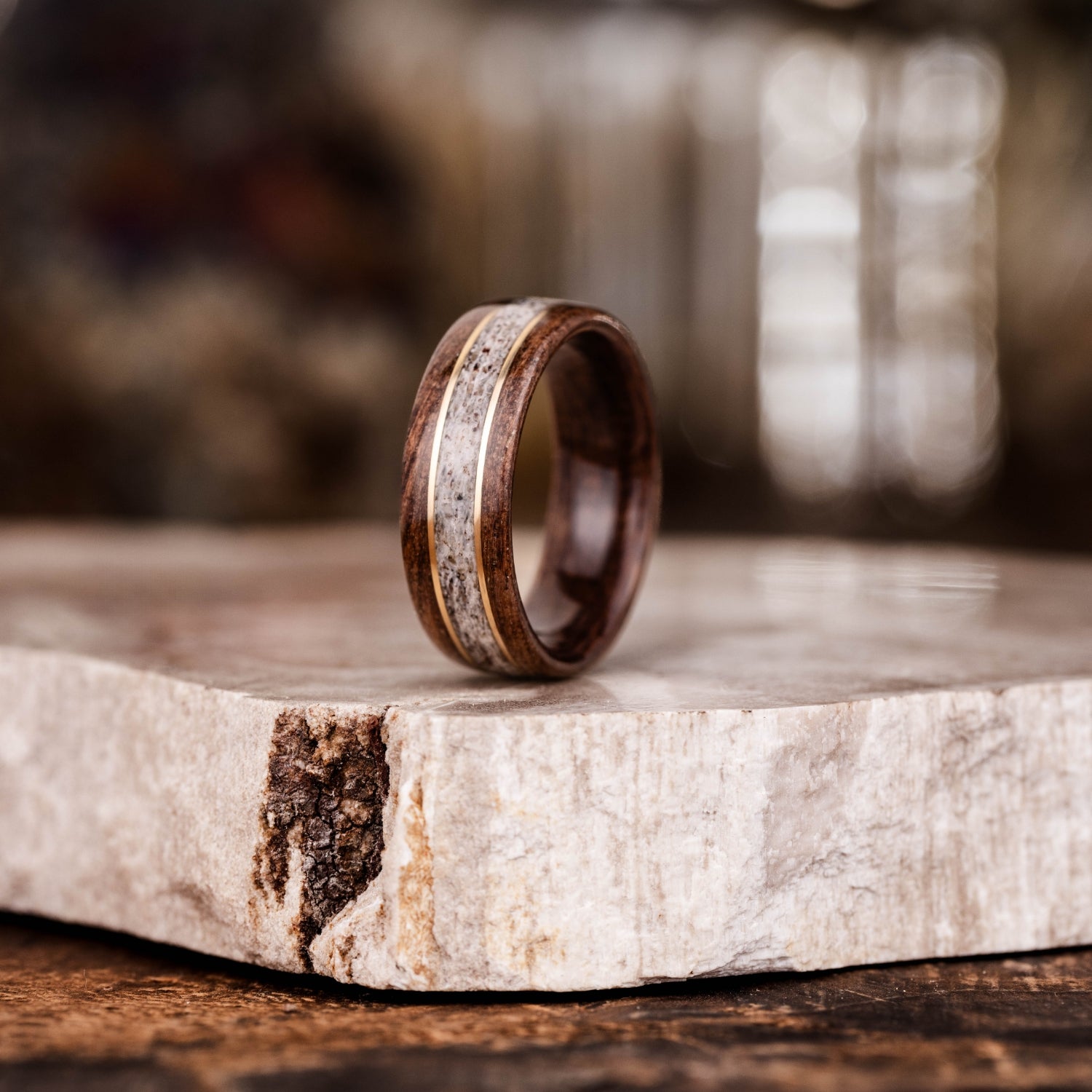 Authentic Mens Ring, Deer Antler Ring, Mahogany Ring, Sterling Silver and Wood Wedding Band