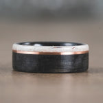 (In-Stock) The Whiskey Canyon | Men's Black Whiskey Barrel & Elk Antler Wedding Band with Offset Copper Inlay- Size 8.5 | 9mm Wide