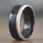 (In-Stock) The Whiskey Canyon | Men's Black Whiskey Barrel & Elk Antler Wedding Band with Offset Copper Inlay- Size 8.5 | 9mm Wide