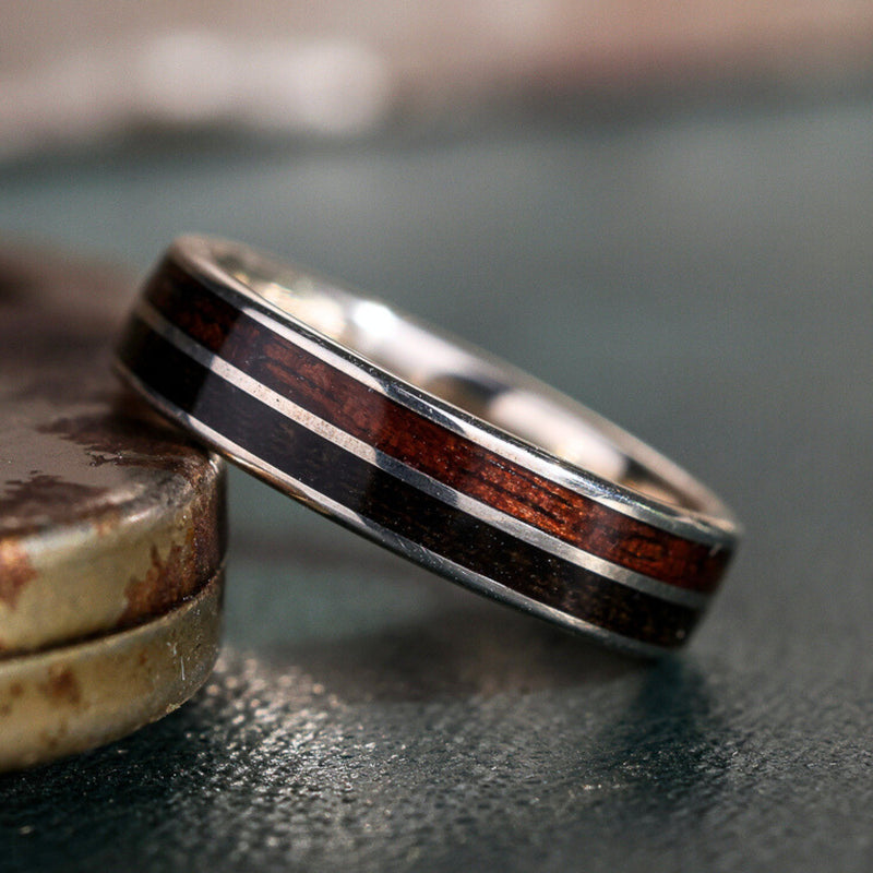 The Great War Silver | Men's Silver Wedding Band with 1903 Springfield Rifle Stock Wood & WWI Uniform