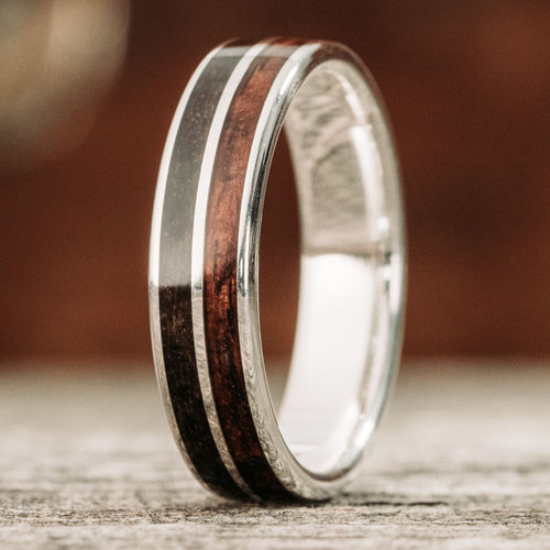 The Great War Silver | Men's Silver Wedding Band with Rifle Stock Wood & WWI Uniform