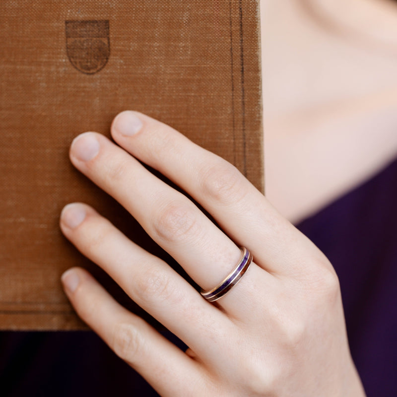 (In-Stock) The Maiden | Women's Silver Wedding Band with Walnut Wood & Lavender - Size 6.5 | 4mm Wide