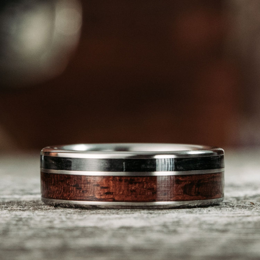 The Sentinel | Men's Titanium Wedding Band with 1903 Springfield Rifle Stock Wood & Whiskey Barrel