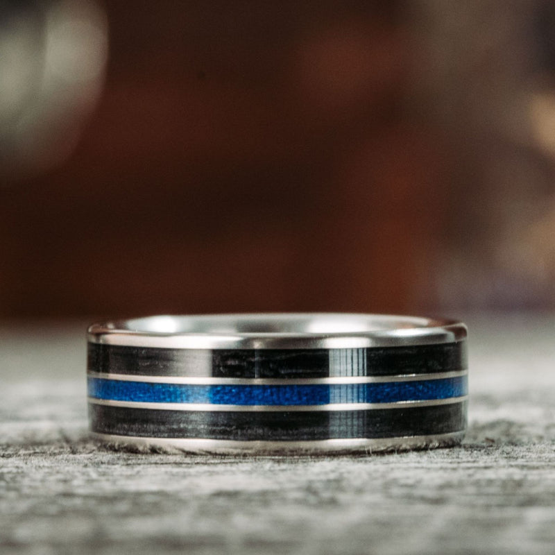 Titanium Diamond Ring with Blue Inlay s19 – Titanium Rings Studio