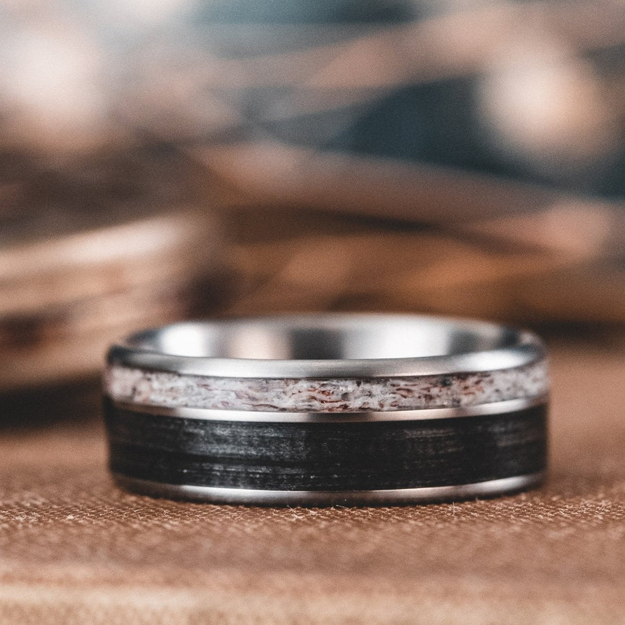 (In-Stock) The Gent's Weekend | Men's Titanium Wedding Band with Elk Antler & Whiskey Barrel - Size 10.5 | 8mm Wide