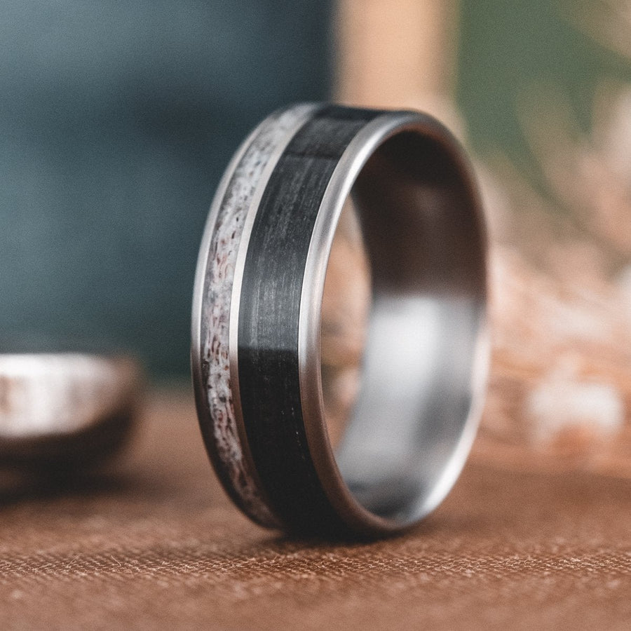 (In-Stock) The Gent's Weekend | Men's Titanium Wedding Band with Elk Antler & Whiskey Barrel - Size 10.5 | 8mm Wide