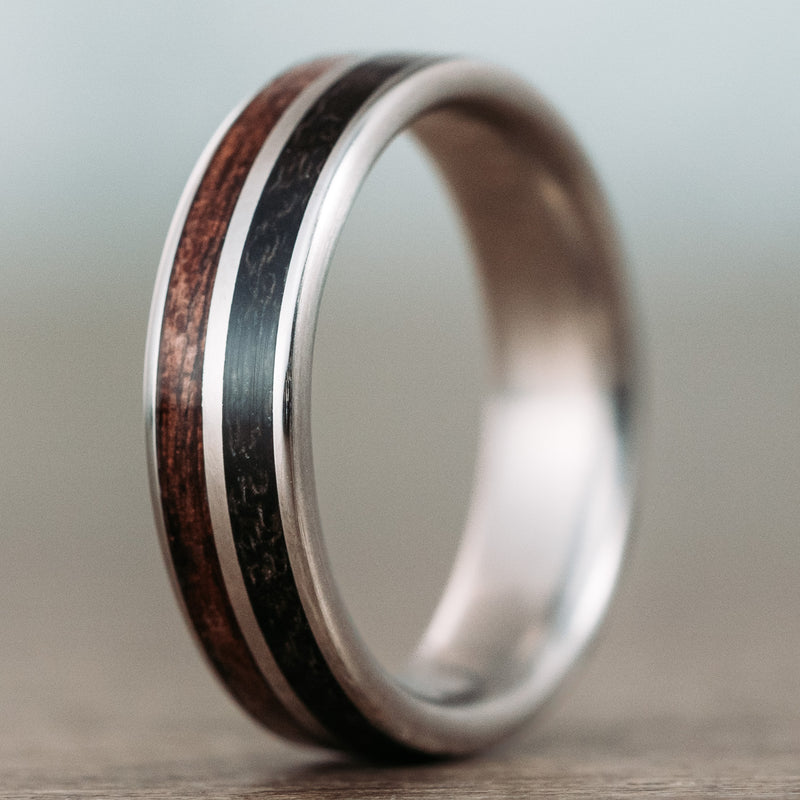 (In-Stock) The Great War - Titanium Wedding Band with WWI Uniform & 1903 Springfield Rifle Stock Wood - Size 9.75 | 6mm Wide