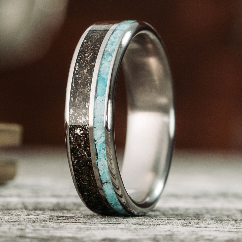 The Horizon | Men's Titanium Wedding Band with Meteorite & Turquoise