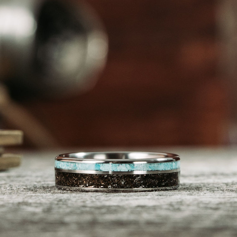 The Horizon | Men's Titanium Wedding Band with Meteorite & Turquoise