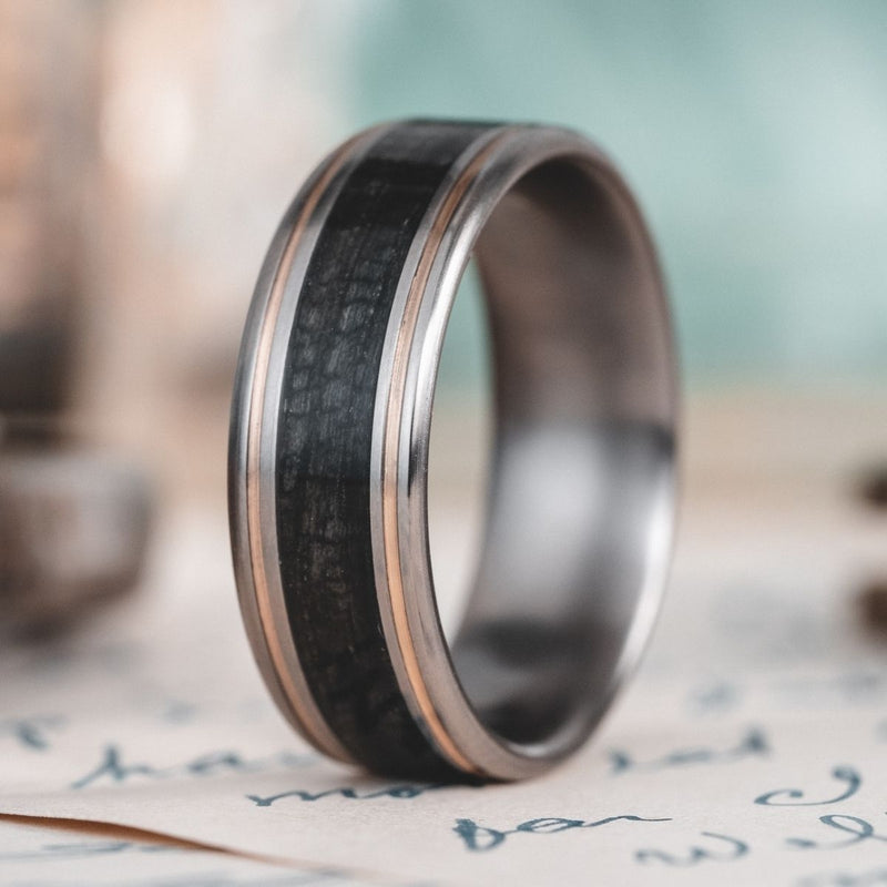 (In-Stock) The Oxford Don | Men's Black Whiskey Barrel & Titanium Wedding Band with Dual Brass Inlays - Size 10.75 | 8mm Wide