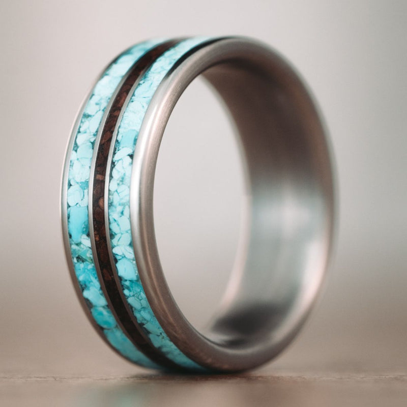 (In-Stock) The Trailsman - Titanium Wedding Band with Turquoise and Coffee - Size 10.5 | 8mm Wide