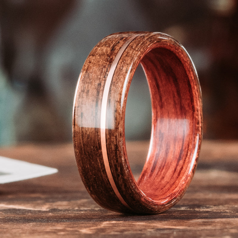 (In-Stock) The USS New Jersey - Bloodwood Edition | Wood Wedding Band with Copper Offset Inlay - Size 11 | 8mm Wide
