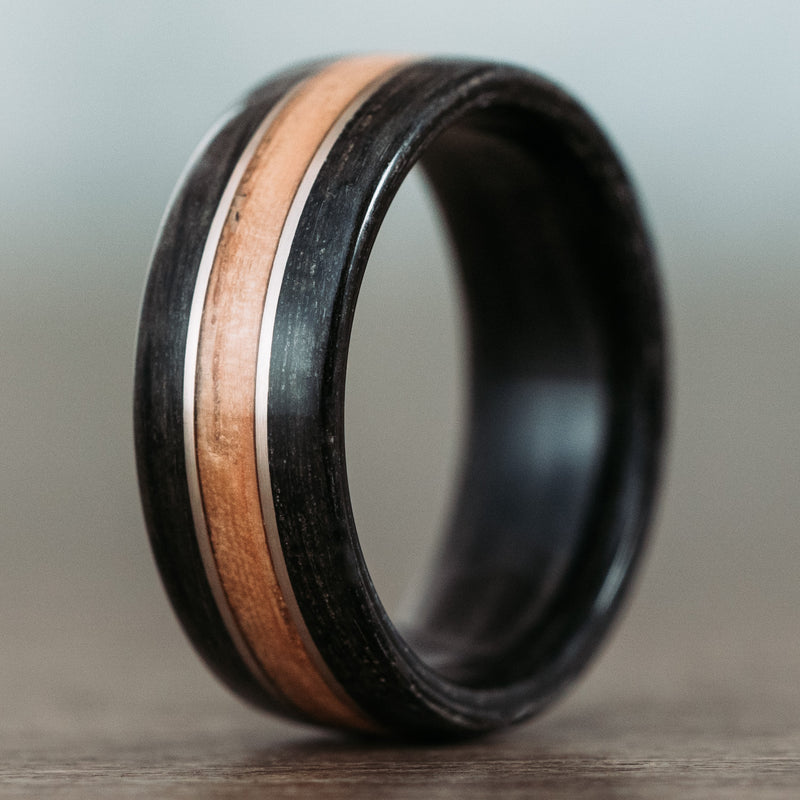The Whiskey Triple | Men's Whiskey Barrel Wood Wedding Band with Dual Metal Inlays