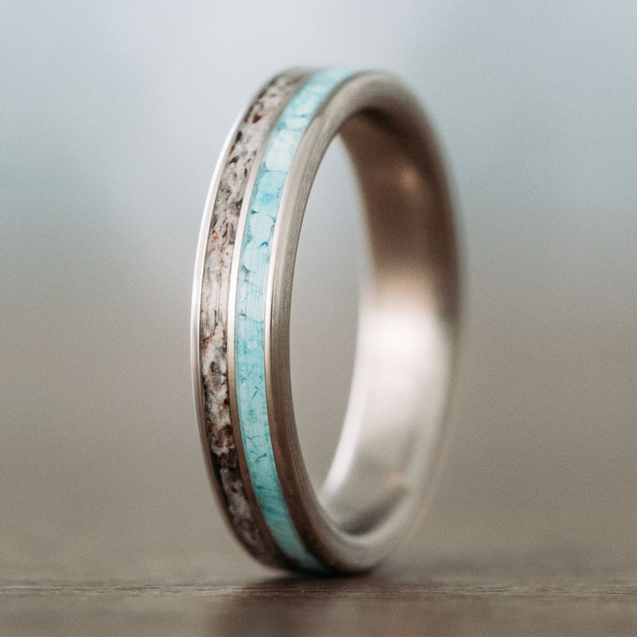 (In-Stock) The Merriam | Women's Titanium Wedding Band with Elk Antler & Turquoise - Size 7.25 | 4mm Wide