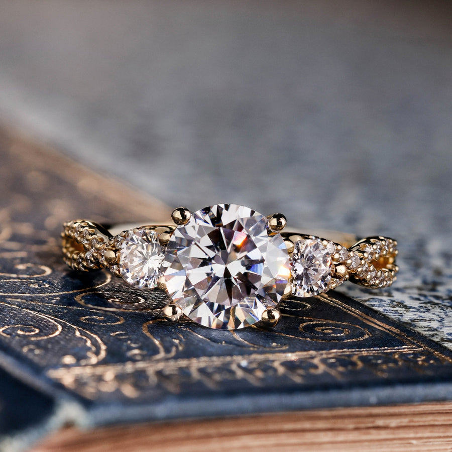 diamond dress rings yellow gold Whimsical Three Stone Old Mine Cut Diamond Engagement Ring in 18kt Gold 10.25