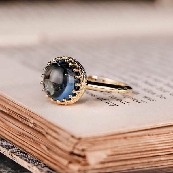 Vintage-Inspired-AA-Natural-London-Blue-Topaz-Cabochon-Ring-Crown-Prong-Bezel-Setting-The-Maya-Rustic-And-Main