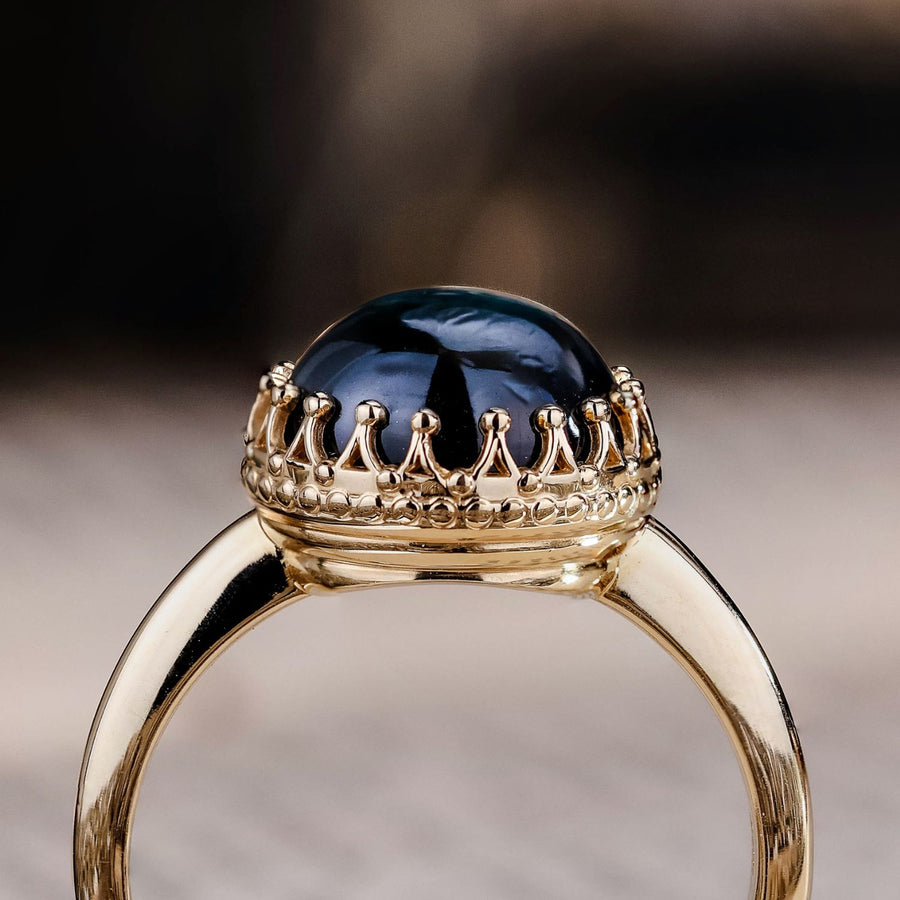 Vintage-Inspired-AA-Natural-London-Blue-Topaz-Cabochon-Ring-Crown-Prong-Bezel-Setting-The-Maya-Rustic-And-Main
