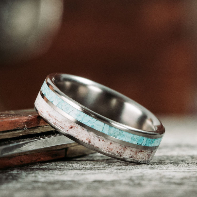 The Wapiti | Women's Titanium Wedding Band with Elk Antler and Turquoise