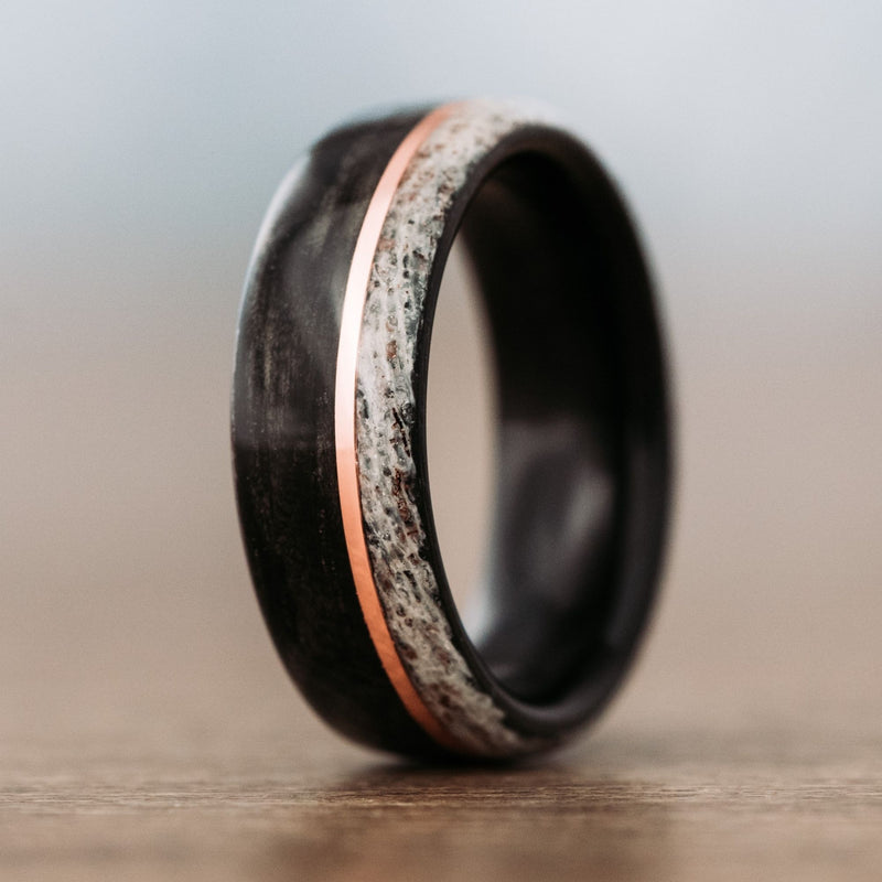     Whiskey-Canyon-Whiskey-Barrel-Elk-Antler-Mens-Wood-Wedding-Band-Offset-Copper-Inlay-Rustic-and-Main