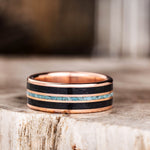 The Whiskey River | Men's Gold Whiskey Barrel Wood & Turquoise Wedding Band