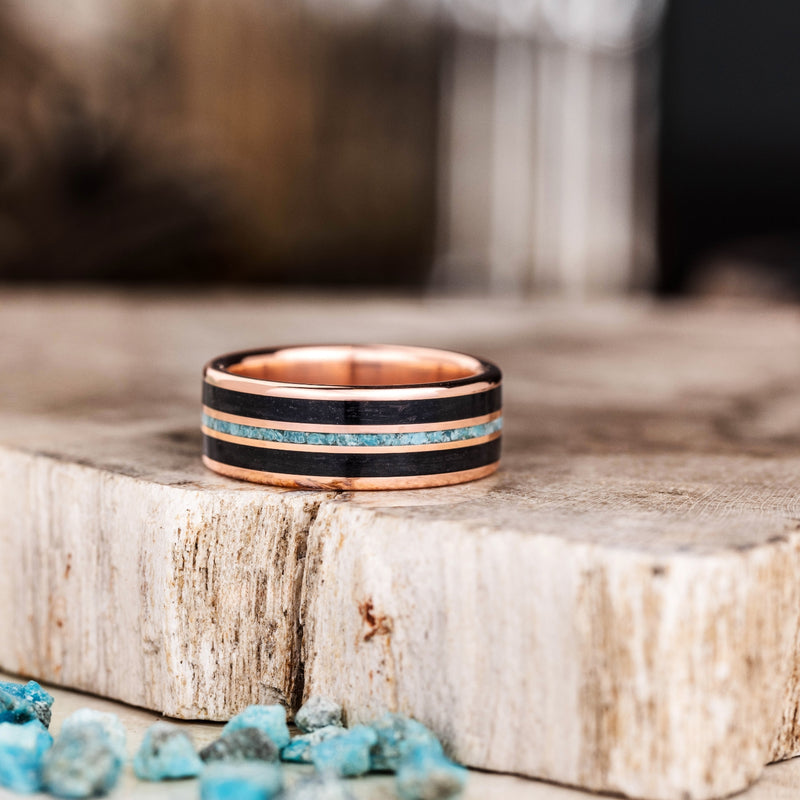 The Whiskey River | Men's Gold Whiskey Barrel Wood & Turquoise Wedding Band