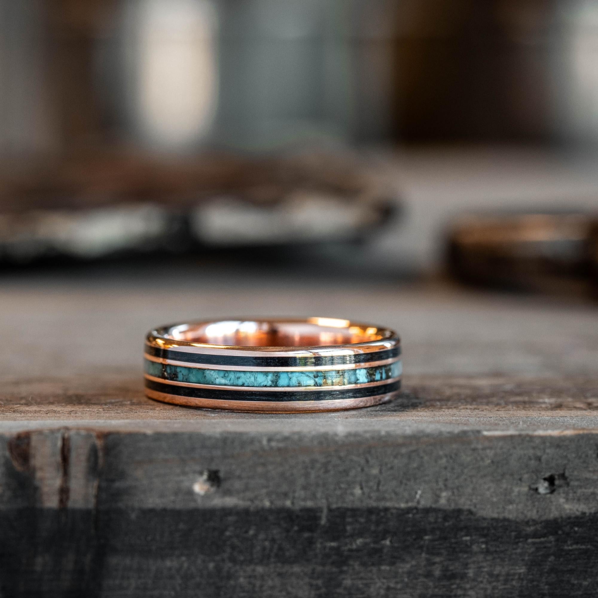 Black ceramic ring with turquoise and cocobolo wood inlay. Wood ring. –  Orth Custom Rings