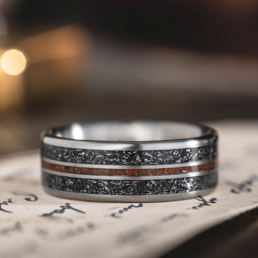 alvarez-mens-titanium-wedding-band-meteorite-dinosaur-bone-inlays