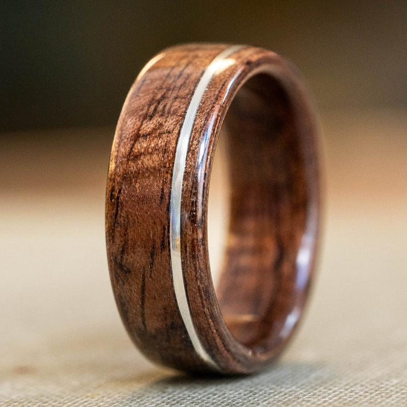 In-Stock) Antique Walnut Wooden Ring w/Offset Silver Inlay Size
