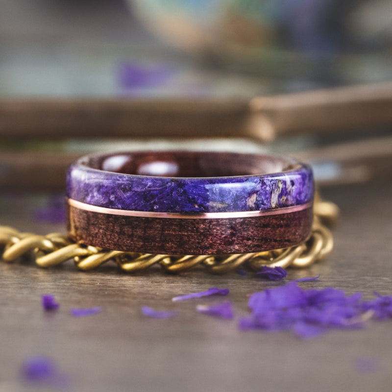 (In-Stock) The Maiden | Women's Walnut Wood Wedding Band with Lavender & Rose Gold Inlay - Size 6.5 / 6mm Wide