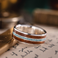 arizonan-turquoise-wood-inlay-silver-titanium-wedding-ring-angled-view-rustic-and-main