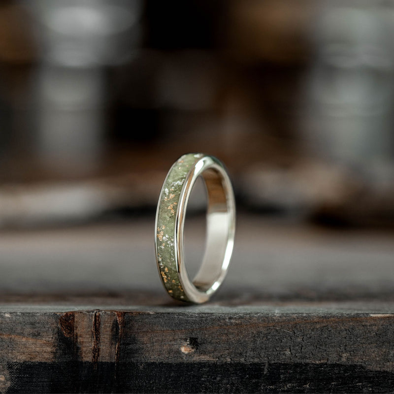     aurora-womens-10k-white-gold-and-green-peridot-ring-gold-silver-flakes-rustic-and-main