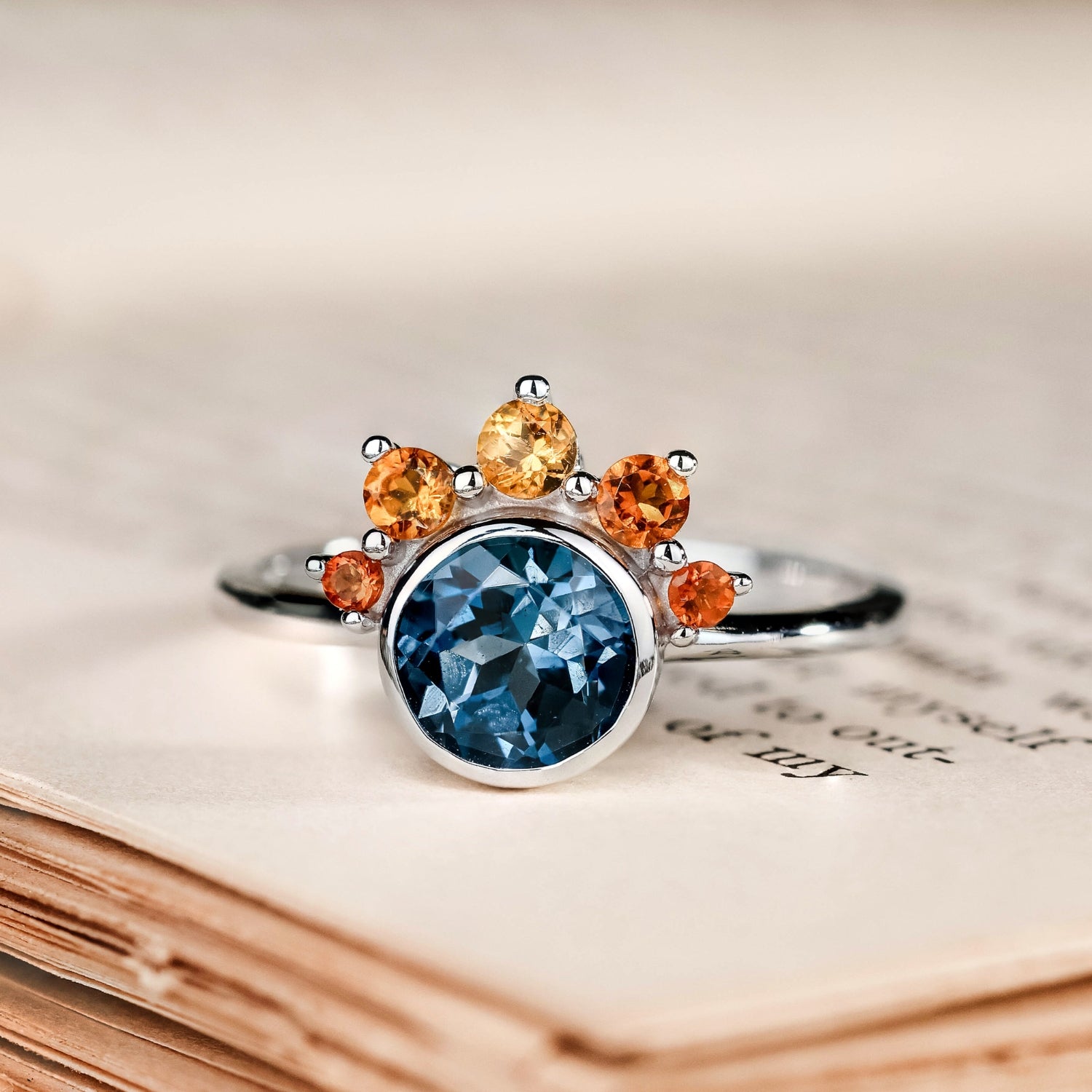 The Cosset - London Blue Topaz Bezel Engagement Ring with Crown