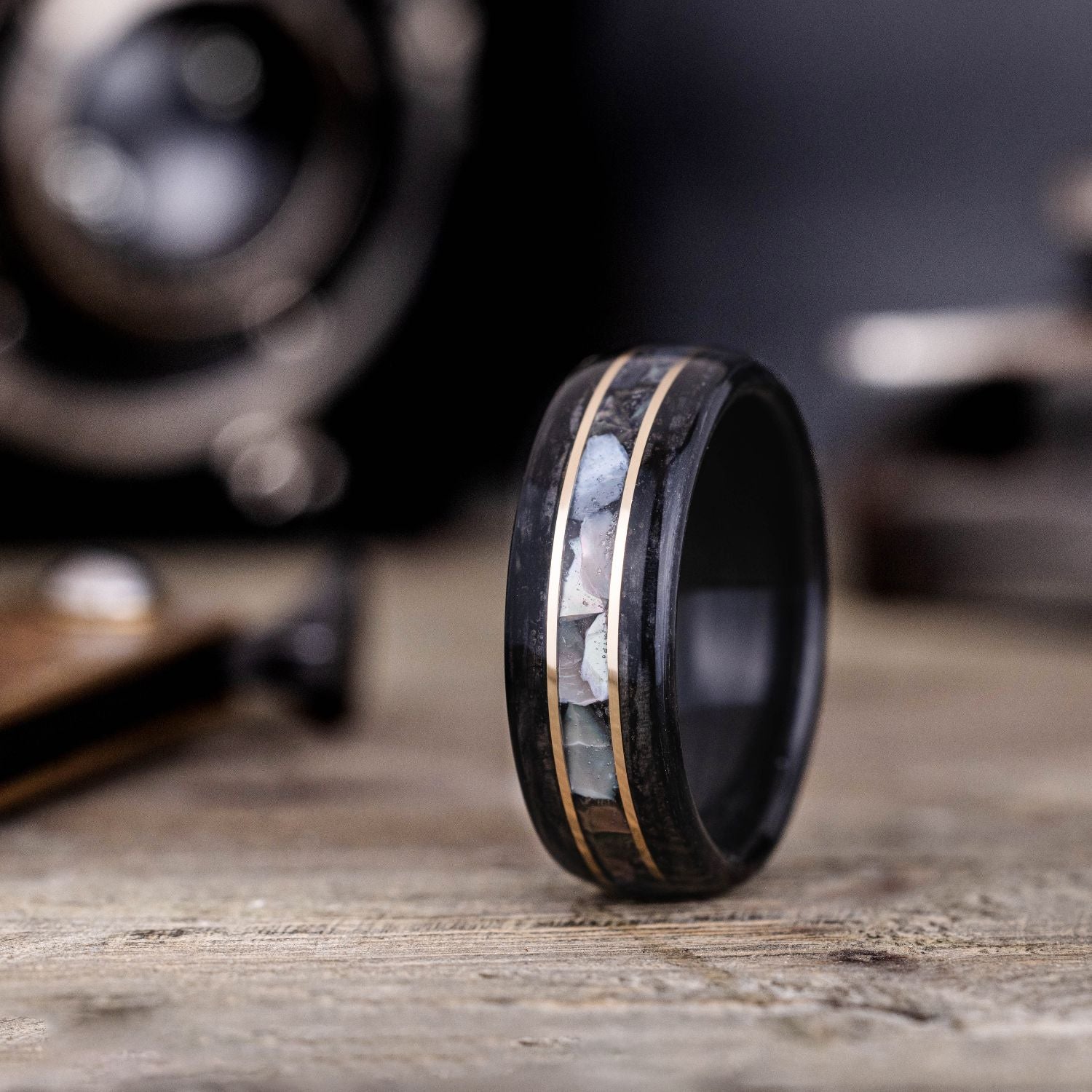 Men's Weathered Whiskey Barrel Wood Ring With Black Mother Of Pearl 