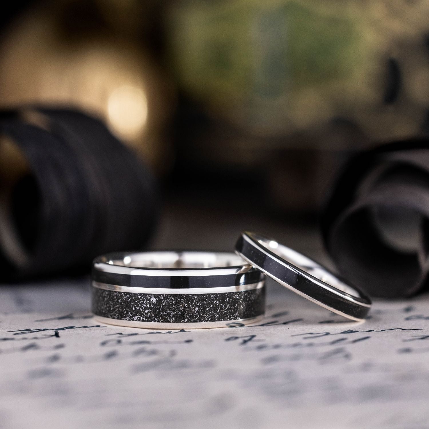The Dark Star & Obsidian - Celestial Black and Silver Wedding Ring Set | Rustic and Main