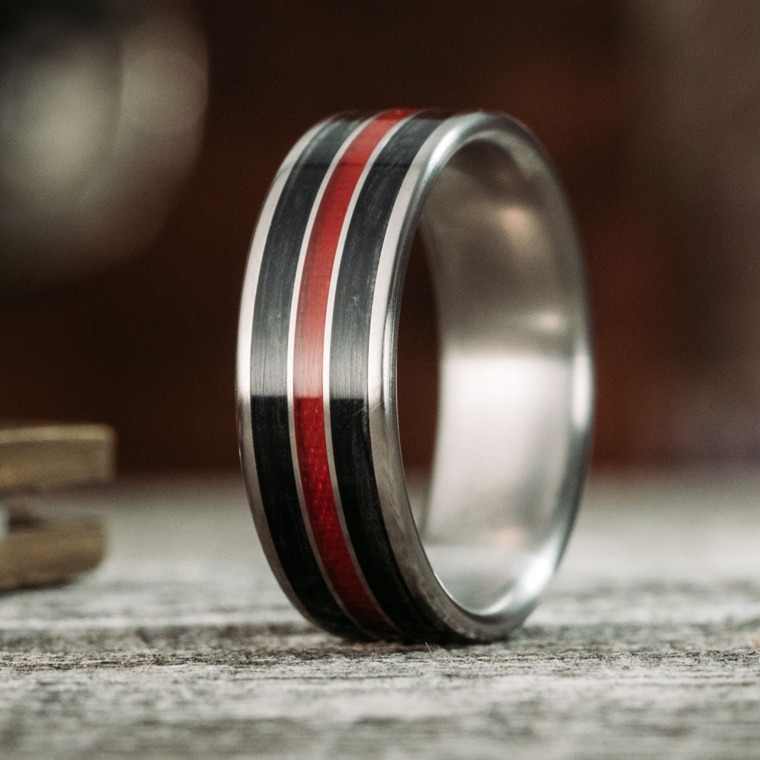 The Thin Red Line | Men's Titanium Wedding Band with Whiskey