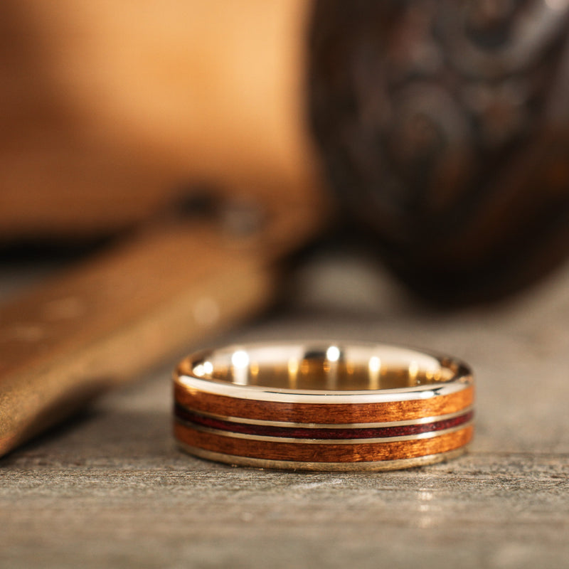 custom-mens-14k-yellow-gold-wedding-band-black-cherry-purpleheart-wood-inlays-size-9-75-6mm-wide