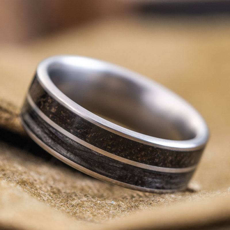 custom-mens-titanium-wedding-ring-with-wwi-uniform-weathered-whiskey-barrel-wood-inlays