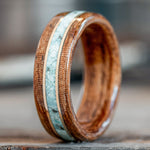     custom-mesquite-wood-ring-turquoise-custom-wood-liner-double-brass-inlays-rustic-and-main