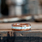     custom-mesquite-wood-ring-turquoise-custom-wood-liner-double-brass-inlays-rustic-and-main