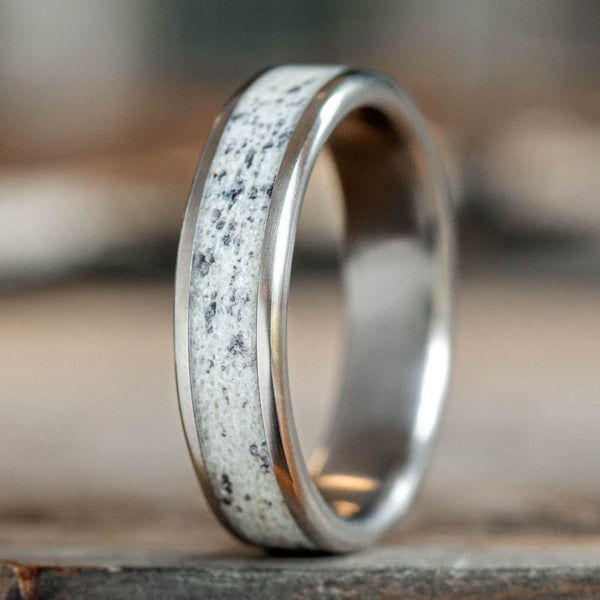     custom-titanium-wedding-band-elk-antler-inlay-rustic-and-main