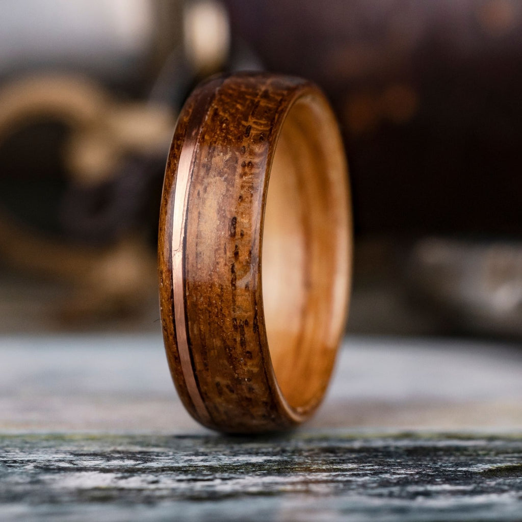 custom-uss-nc-teak-wood-ring-natural-whiskey-barrel-liner-offset-copper-inlay-size-9-75-7mm-wide-rustic-and-main