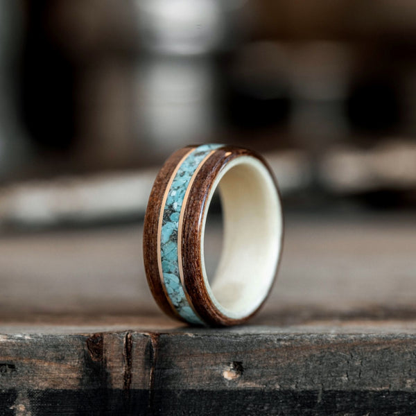 In-Stock) Antique Walnut Wood Ring, Holly Liner, Center Turquoise