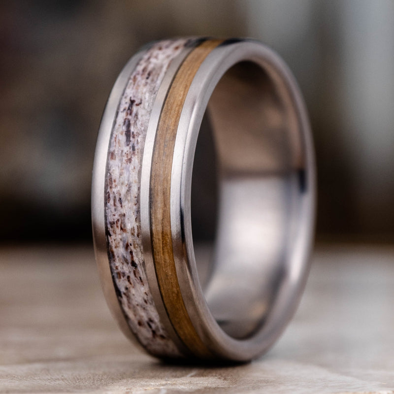 custom-wedding-band-with-weathered-whiskey-barrel-and-naturally-shed-elk-antler-size-8-75-7mm-wide_1