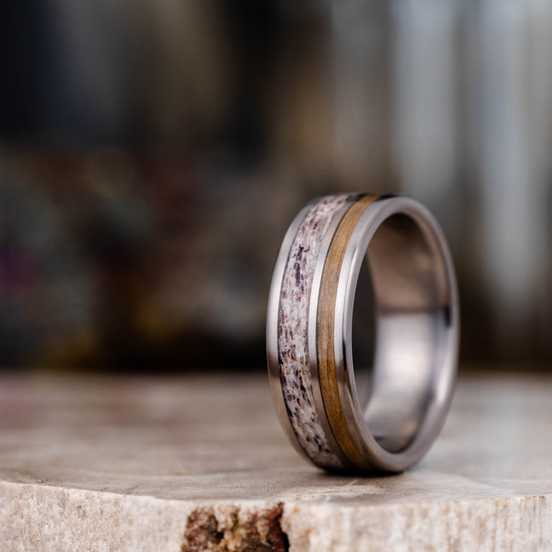 custom-wedding-band-with-weathered-whiskey-barrel-and-naturally-shed-elk-antler-size-8-75-7mm-wide_2