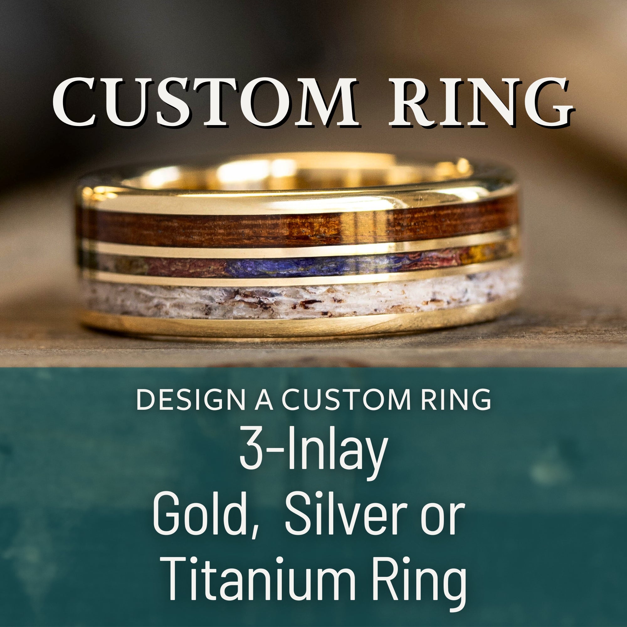 Custom Gold, Silver or Titanium Band - 3-Inlay Ring (Narrow Center ...